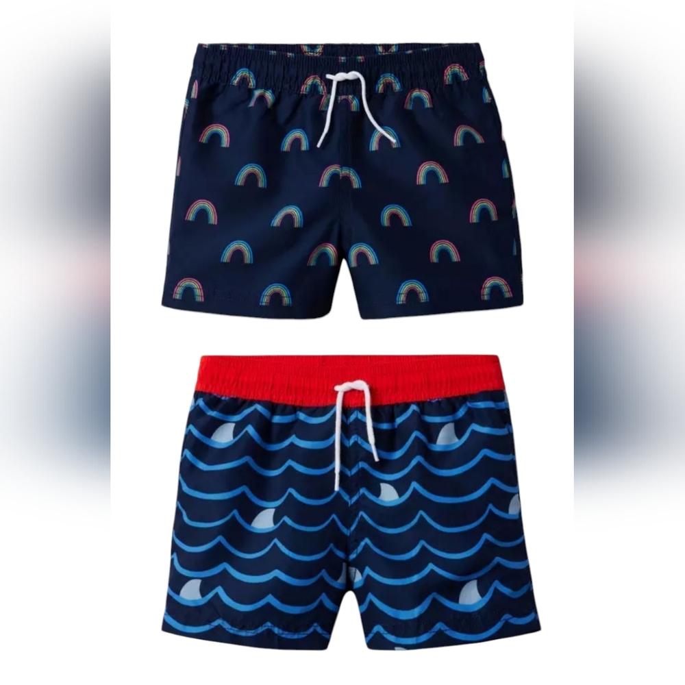 JANIE AND JACK Bundle Of 2 Boys Swim Trunks, Shark Fin & Rainbows Forever Summer